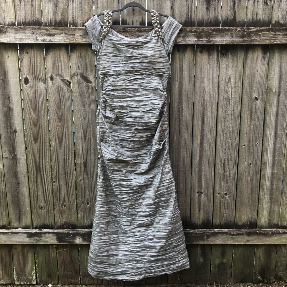 Jeanne Alexander Ruched Maxi Dress Size 14 Silver Gray Beaded Formal Event